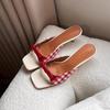 Winter Sandals 2025 Bow Red Women's Shoes Plaid Wear One Word Beautiful French High Heel Open Toe Cool Slippers