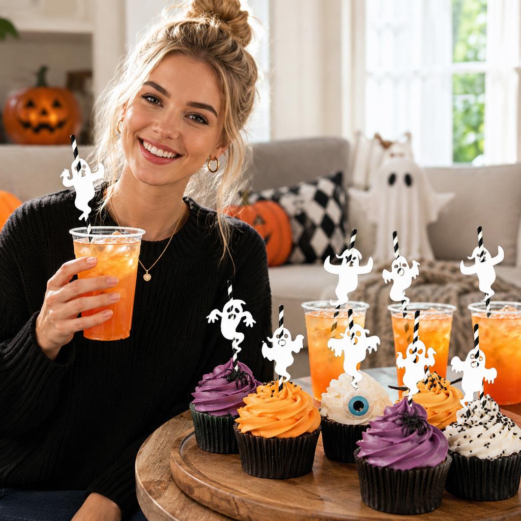 Ghost Shaped Straw Decorations Set with Multiple Designs for Party Drink Accessories Halloween Themed Straw Toppers