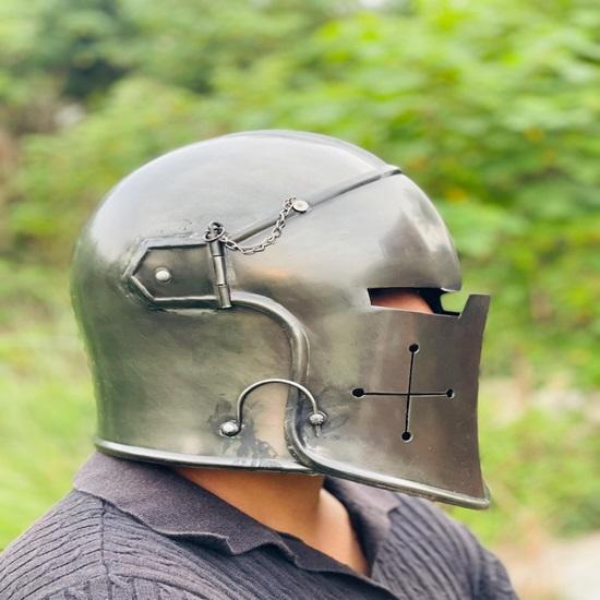Grey Barbuta Helmet  Medieval Knight Helmet 18g Mild Steel Visored Helmet for LARP, Cosplay  Halloween Costume Warrior Helmet.