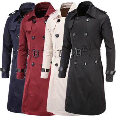 Men Trenchcoat British Style Classic Trench Coat Jacket Double Breasted Long Slim Outwear Adjustable Leather Belt