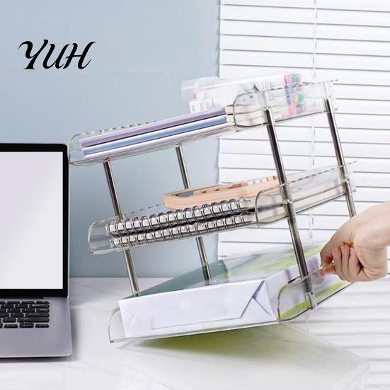 Stackable Office Storage Clear Desk Organizer, Transparent Layers PET File Rack, Stationery Box Space Saving Organizer for A4 Documents And