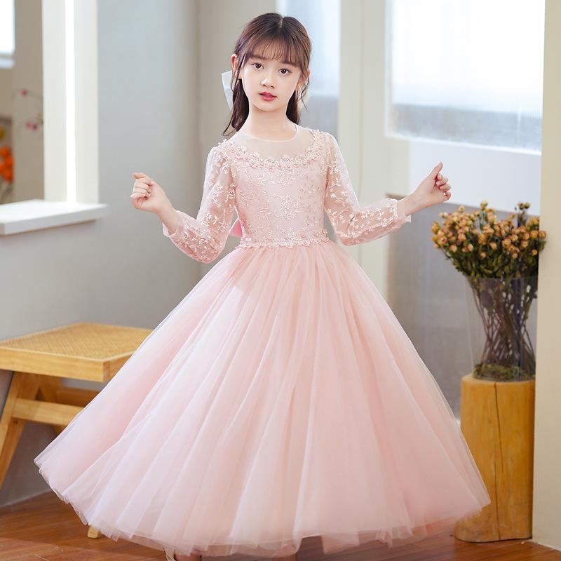 Kids Girls Long Sleeve Embroidered Tulle Puffy Formal Party Dress