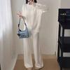 Three-dimensional Flower Bright Silk Sweater Two-piece Set Women's Autumn and Winter New Large-size Wide-leg Pants Half-turtleneck Knitted Set