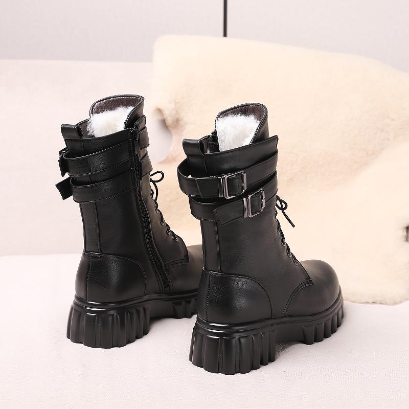 Mode AIYUQI Damen Winterstiefel 2025 Neue Plateau Echtleder Damen Mittelstiefel Wolle Warm Bikerstiefel Damen