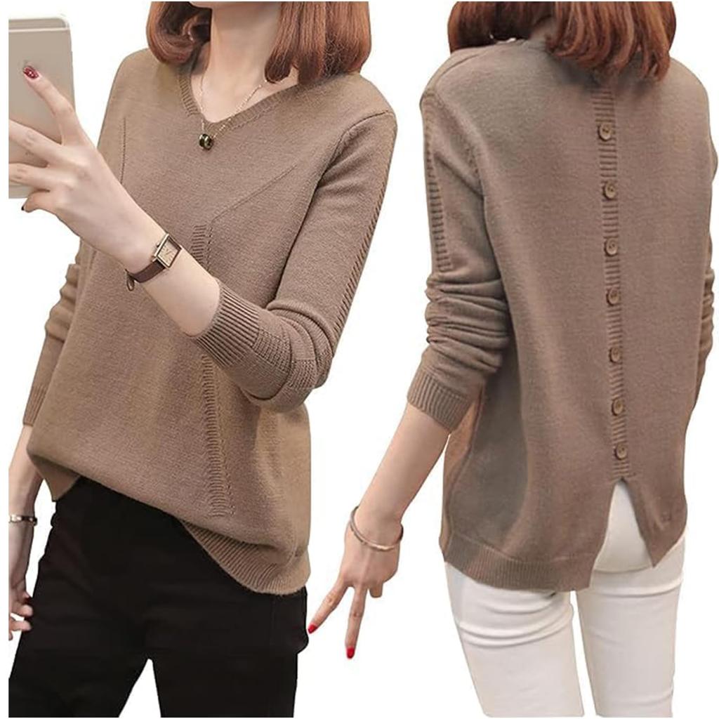 Grcemlvfe Knit Long Solid Loose Plus Sizes Stretch Solid School Women's Sweater, Sleeve, V-Neck, Color, Ribbed, Stretch, Fit, Available, Slimming,