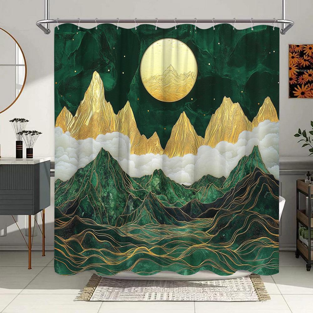 Mountain Moon Shower Curtain - Radiant Full Moon, Misty Clouds, Golden Accents, Dark Green & Gold, Dreamy Bathroom Decor W60H190(CM)-1 Pcs