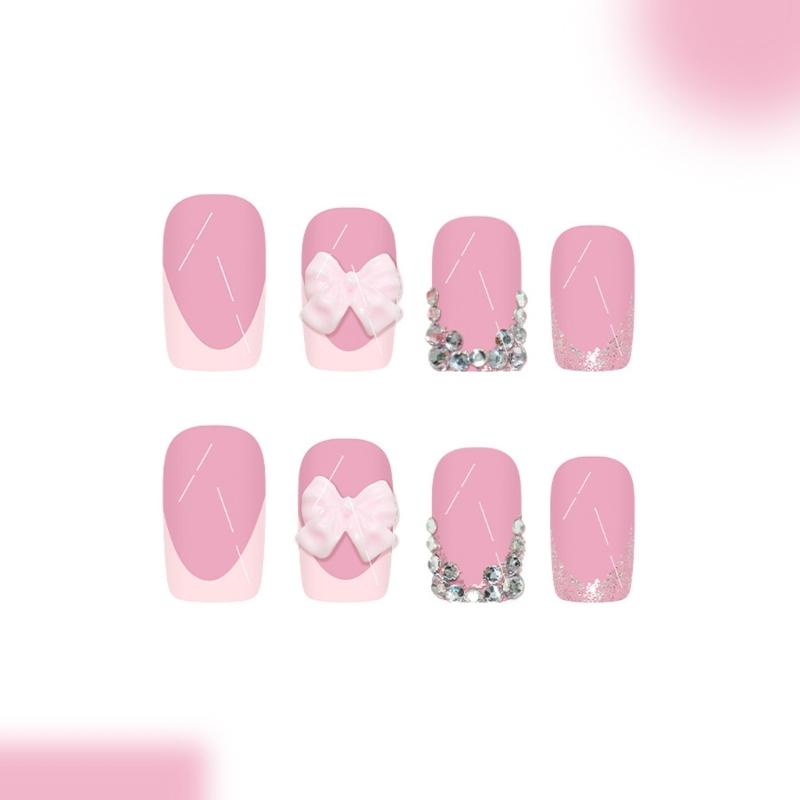 24PCS French Pink Glitters Short False Nail With Bows Design ABS Fake Nail Easy To Apply For Women Party Comfortable Wear