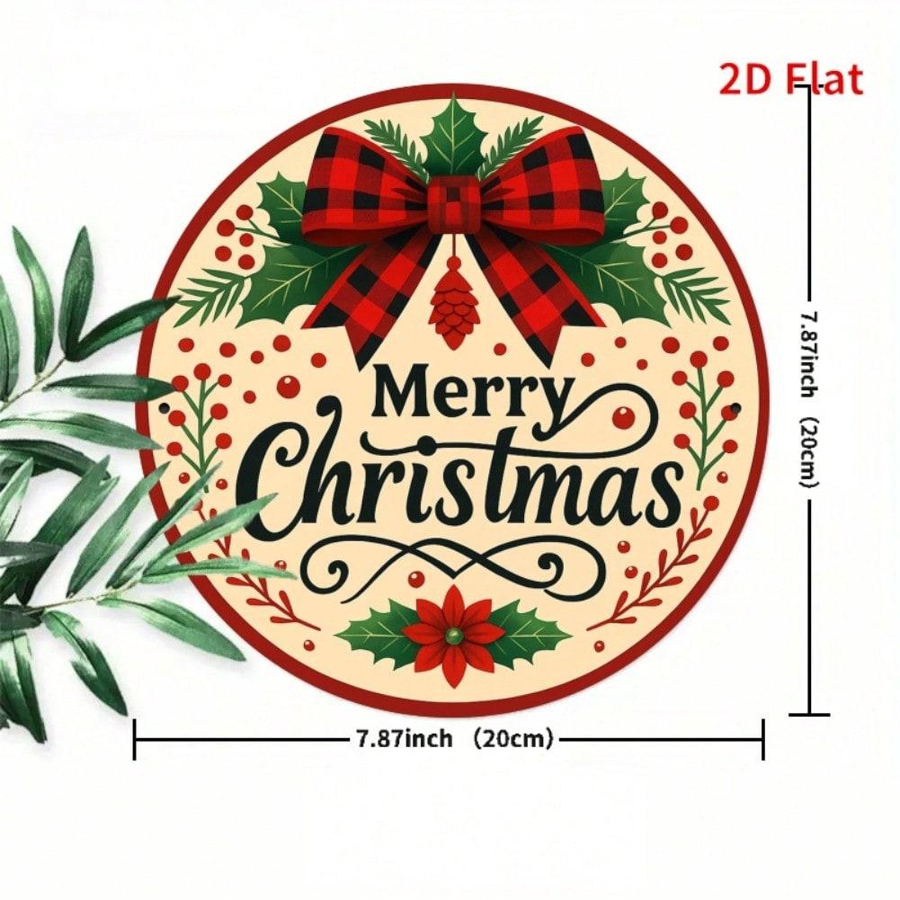 Planetjuice Vintage Merry Christmas Round Metal Sign Plaid Bow Holly Decor