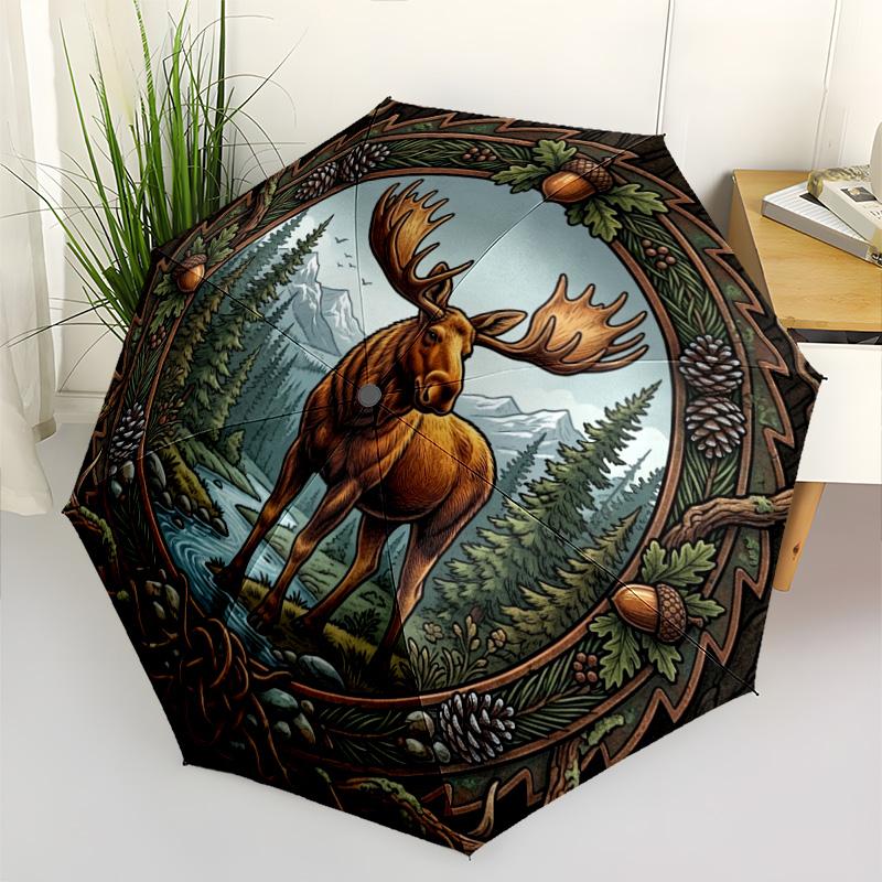 Moose Forest Frame pattern umbrella, portable and foldable design, 8 ribs, a casual accessory for Halloween, Christmas, and birthday gifts.