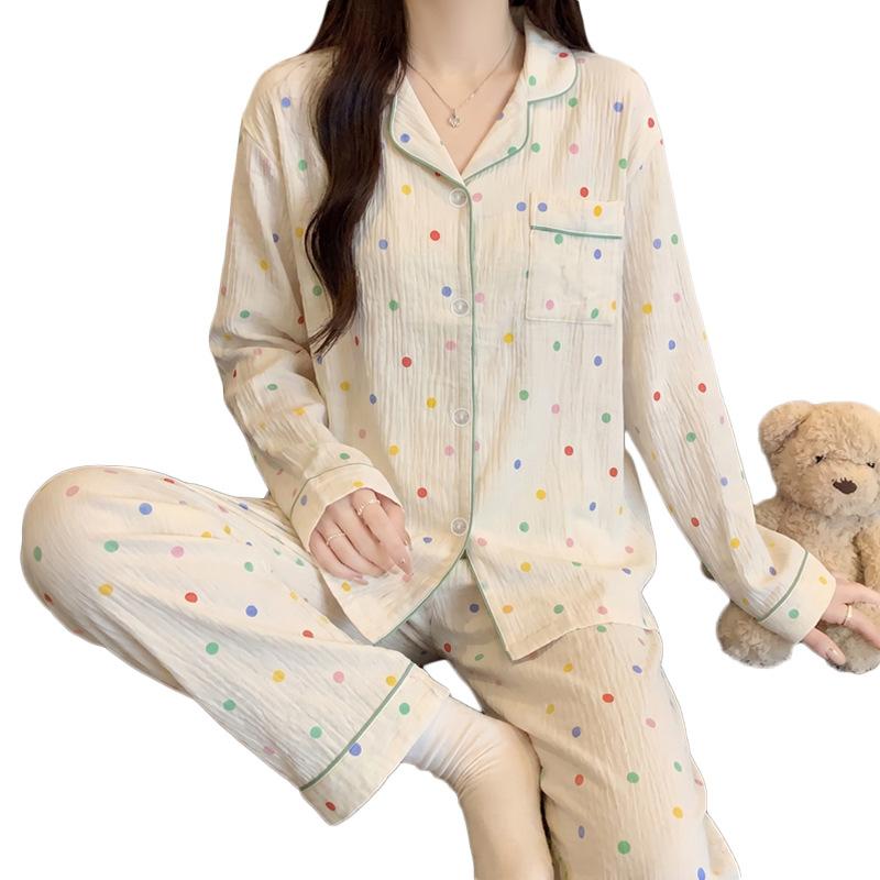 Color polka dot pajamas women's long-sleeved trousers spring and autumn cloud cotton suit casual cardigan simple loungewear