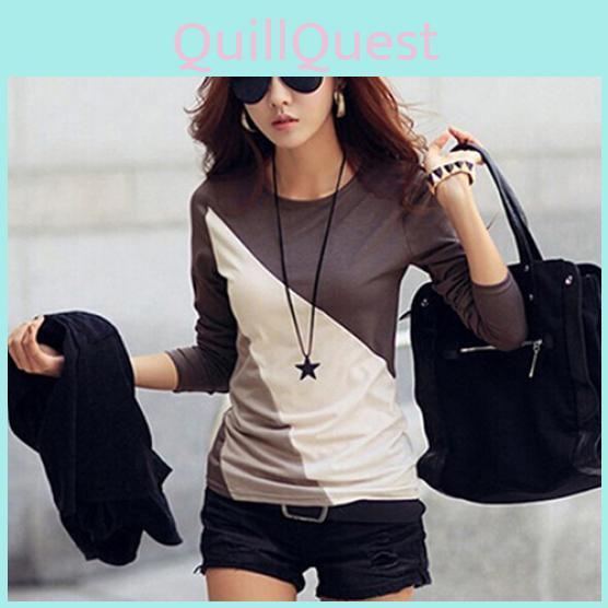Korean Fashion Women Style Autumn Slim Fit Color Block Blouse Long Sleeve Shirt