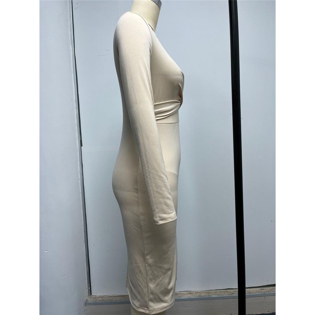 Damen Langarm Rundhals Französisch Retro Slim Langes Kleid