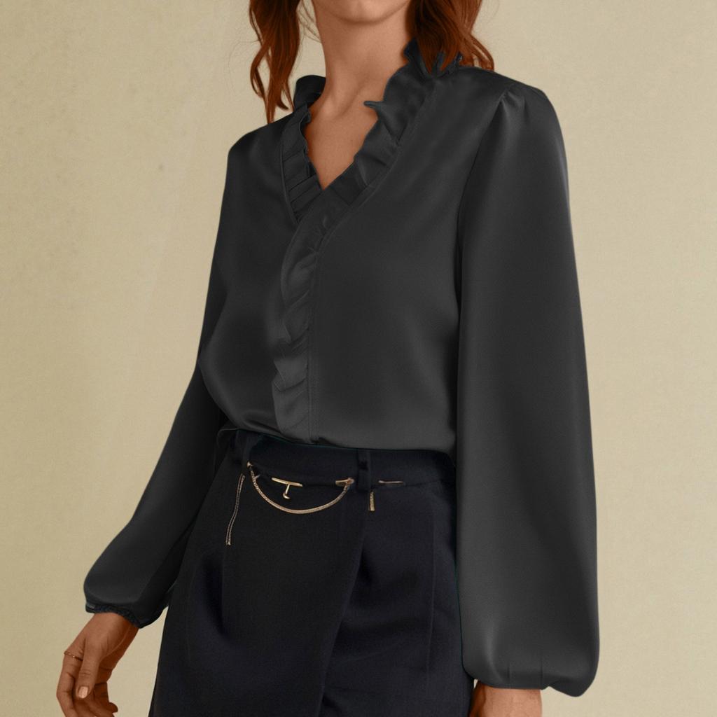 Women's Ruffle Edge Color V-Neck Fashionable Casual Long Sleeved T-Shirt Shirt Top