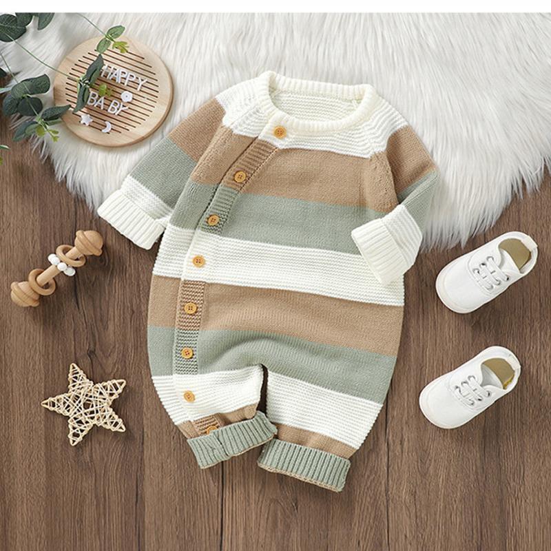 Winter Baby Strampler Kleidung Warm Strick Gestreiften Strampler Jungen Mädchen Overalls Herbst Ein Stück Herbst Infant Unisex Playsuits