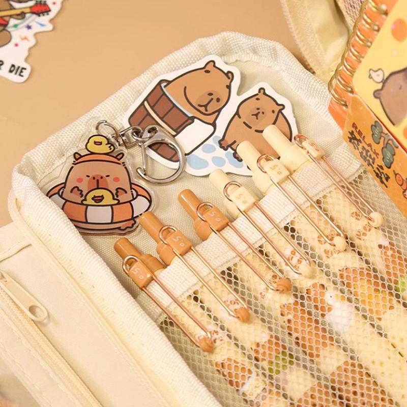 Large Capacity Pencil Bag Capybara Cartoon Stationery Holder Bag With Brooches Stickers Clips Keychains Children Pen Case