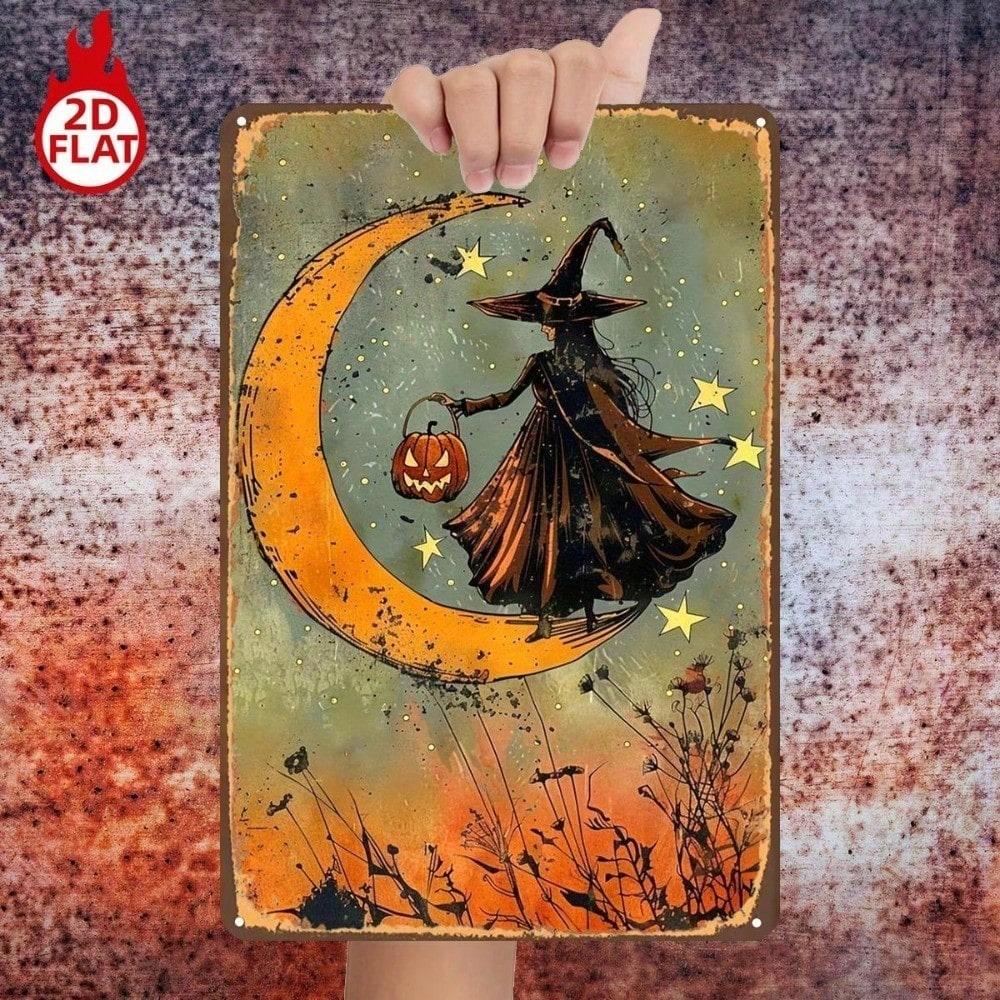 1pc Witch On Crescent Moon Pumpkin Lantern Metal Sign 8x12 Inch 2D Flat Wall Decor For Home Bar G