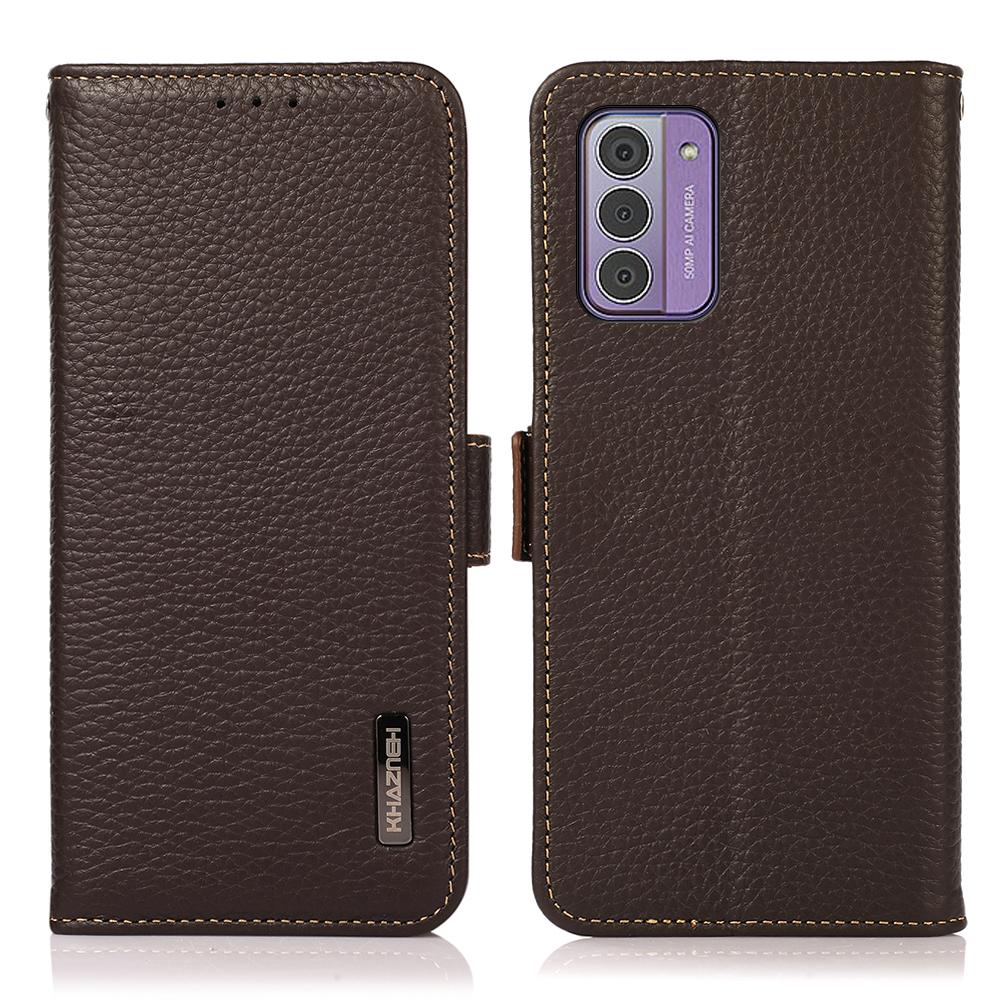 

KHAZNEH For Nokia G42 Phone Case Wallet RFID Blocking Stand Litchi Texture Genuine Cow Leather Cover Brown