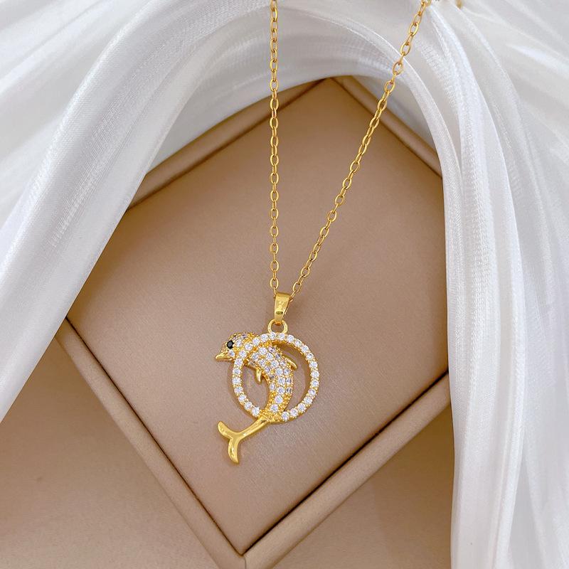 Titanium Steel, Dolphin Leap Ring Light Luxury Temperament Gorgeous Full Diamond Necklace Female Versatile Collarbone Chain Titanium Steel Chain