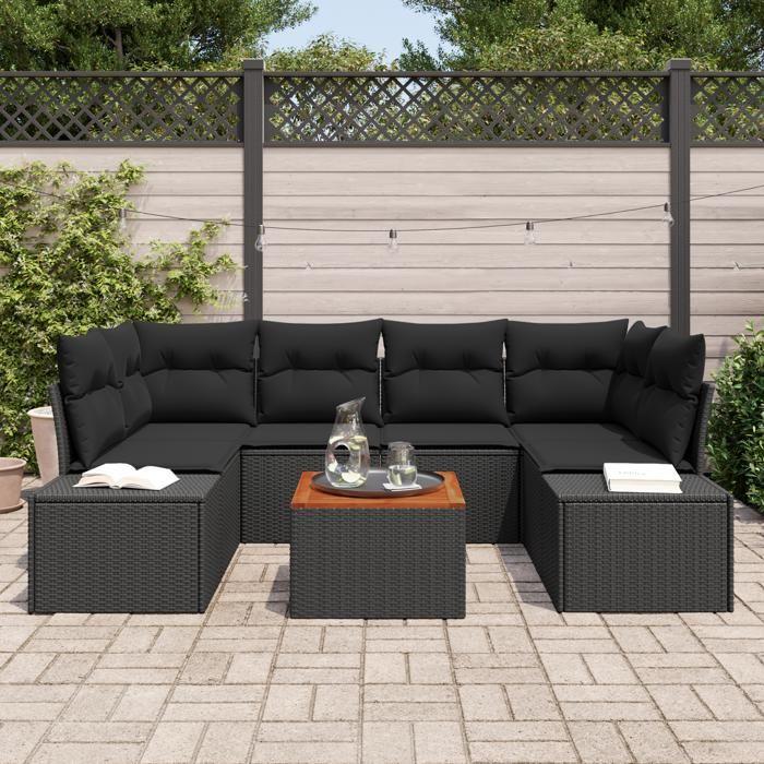 VidaXL Ensemble de Canapé de Jardin 7 Pièces avec Coussins Noir Poly Rattan Acacia 3356581