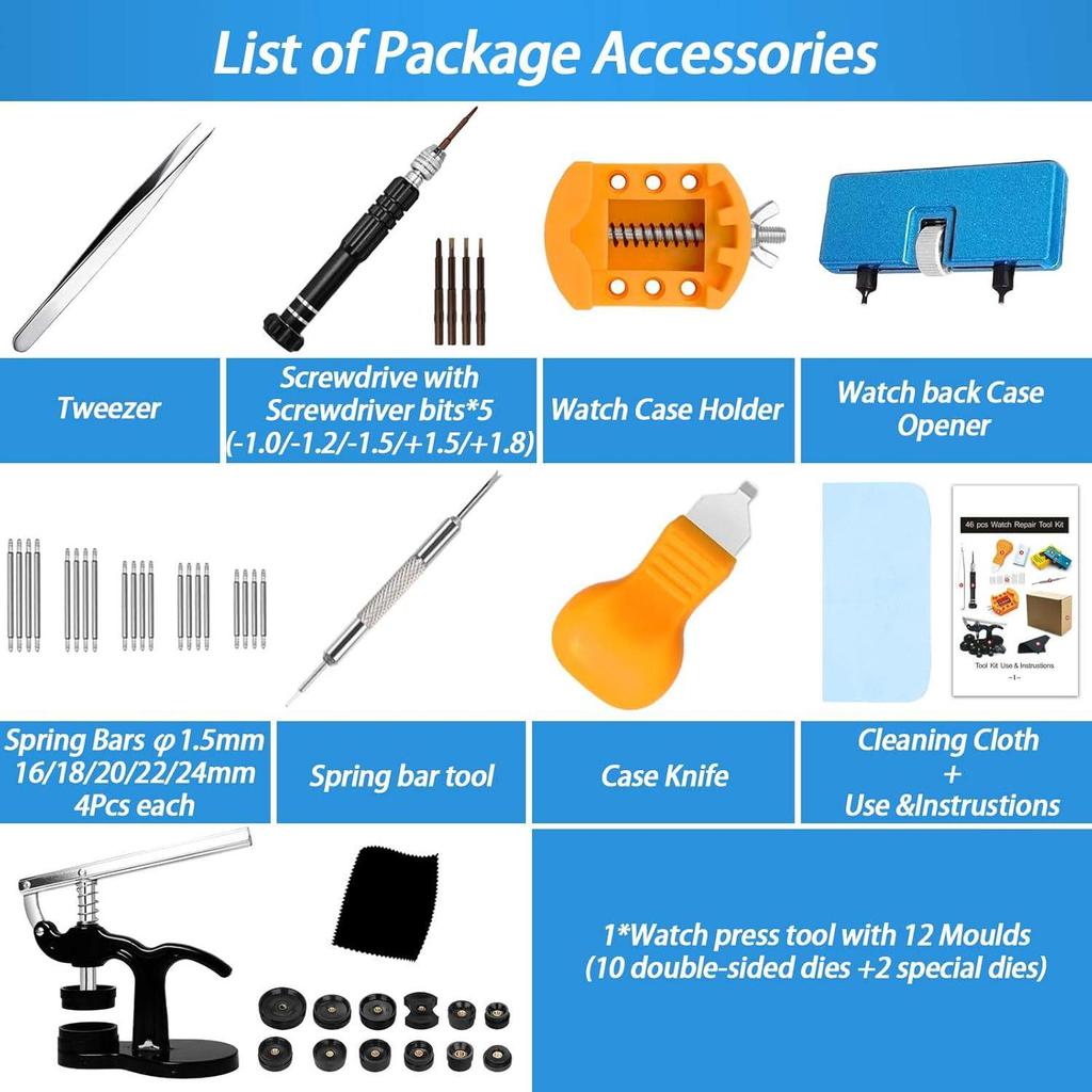 43-teiliges Uhrenreparaturset: Rückabdeckungspresse & Werkzeug zum Batteriewechsel