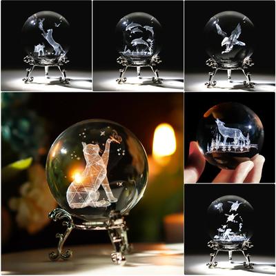 60mm 3D křišťálová koule laserem ryté skleněné ozdoby Figurky zvířat Sběratelské předměty těžítko Domácí umělecká dekorace se stojanem