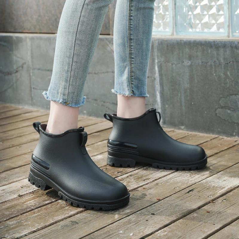 Fashion Low Cut Anti Slip Women's Rain Boots PVC Black Waterproof Rain Boots Short Tube Garden Shoes Fashionable Water Shoes for Women