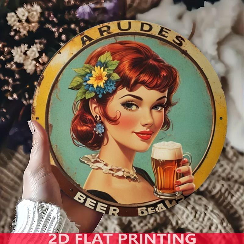 Retro Girl Tin Metal Logo Round Painting for Bar Restaurant