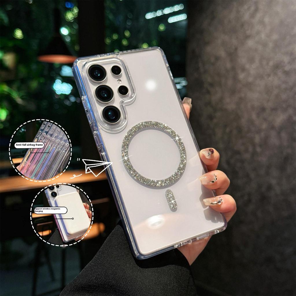 For Samsung Galaxy S24 Ultra Case Compatible with MagSafe Glitter Ring TPU+Acrylic Clear Phone Cover Airbag Protection