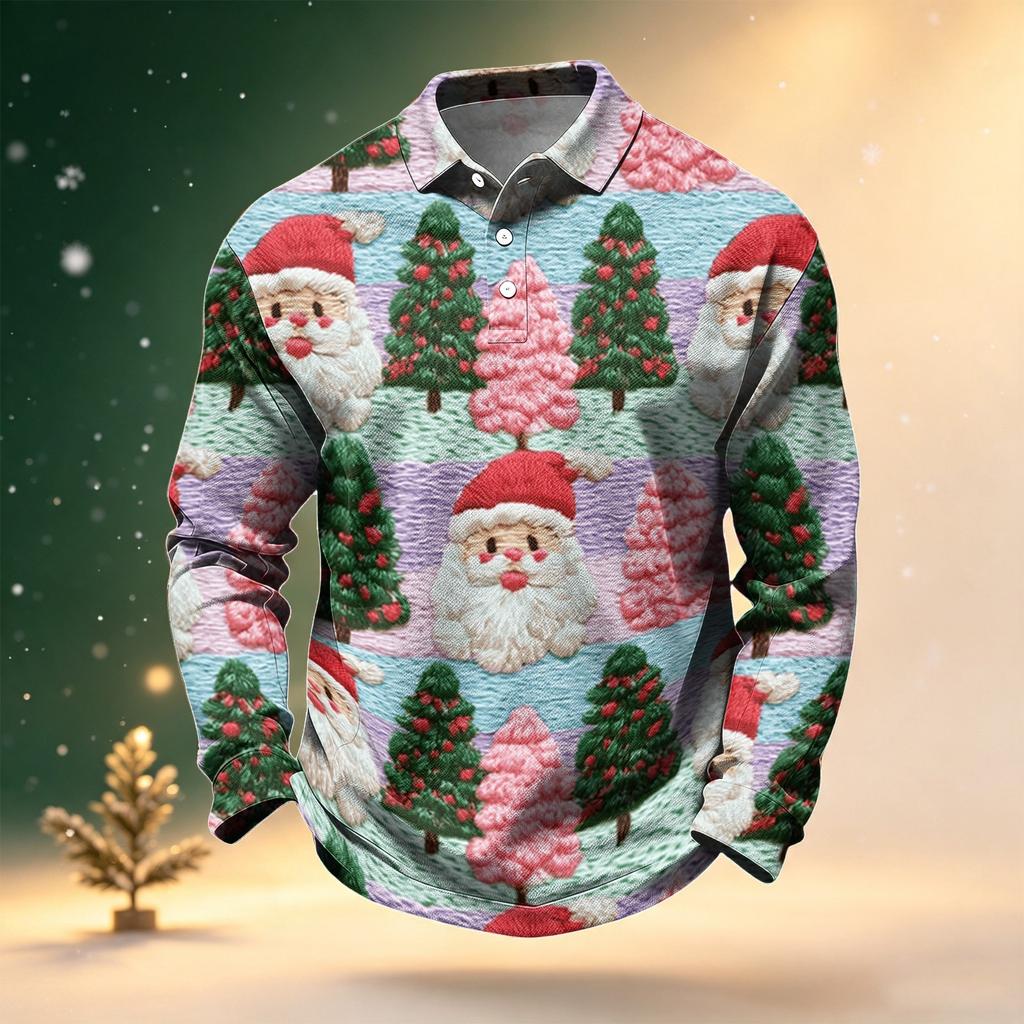 Men's Long Sleeve Golf Shirt Christmas Print Quick-Dry Mesh Casual Activewear Top