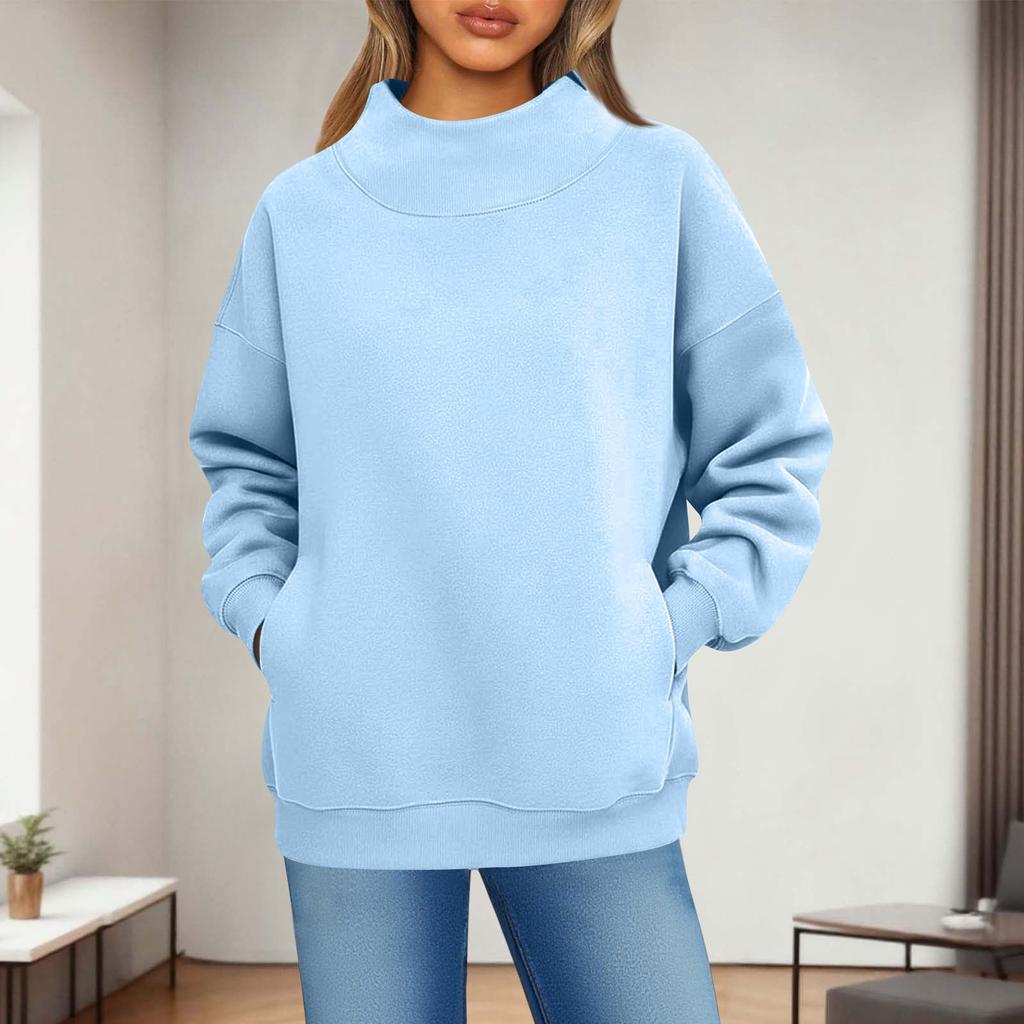 Women's Fashionable Casual Solid Color Round Neck Long Sleeved Pocket Sports Casual Pullover Sweatshirt Top