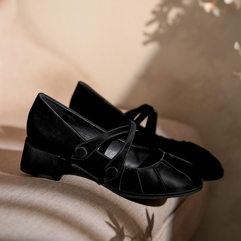 

Satin Vintage Mary Jane Shoes Women s Round Head Thick Heel Cross Tripple Strap Single Shoes Small Leather Shoes Spring and Autumn 35 чёрный