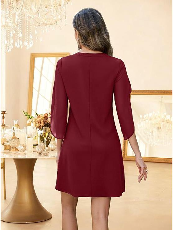 Europa und Amerika Unregelmäßiger Ärmel Einfarbige Chiffon Mittellanges Vielseitiges Freizeitkleid für Damen.