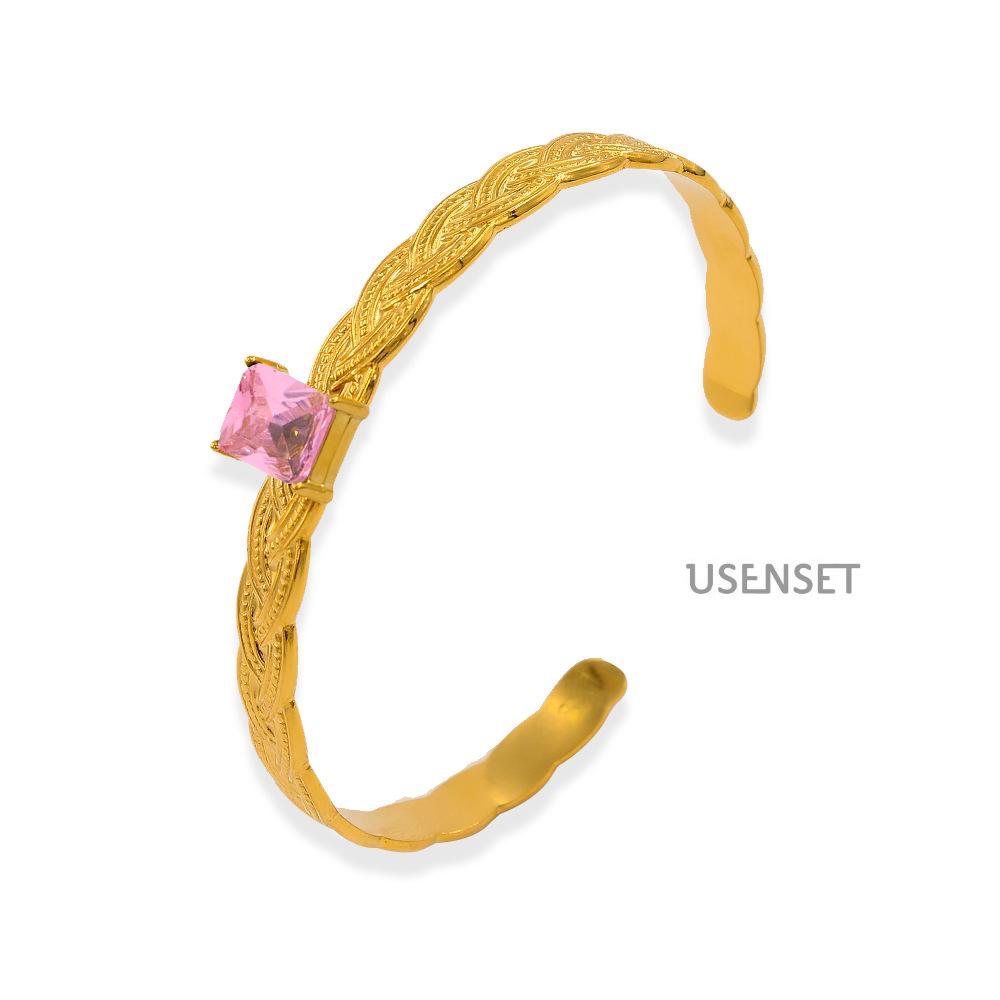 European-American Trendy Cross Texture Zirconium Stainless Steel Open Bangle - Elegant Women s Jewelry
