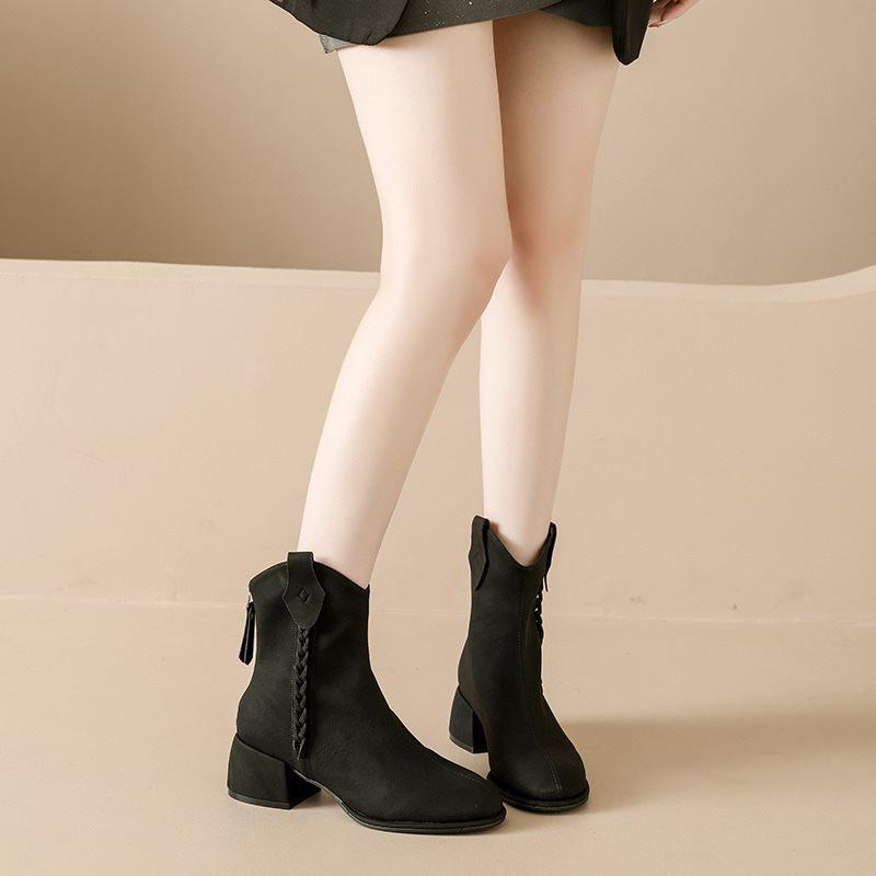 Versatile Coarse Heel Frosted Leather Rear Zipper Retro 2025 Fringed Autumn and Winter New High-heeled Short Boots Martin Boots Short Boots Women