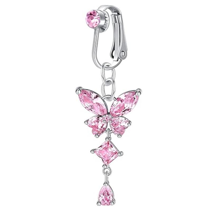

Clip On Belly Button Ring Butterfly Copper Zircon Pink Fake Belly Piercing Umbilical Navel Body Jewelry Trendy Fashion Style