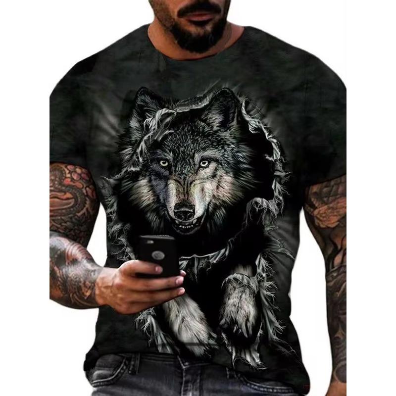 Men's T-shirt Wolf Print Casual Streetwear Fashion Short-sleeved Pullover Summer Outdoor Sports Top Tee Oversized Clothing