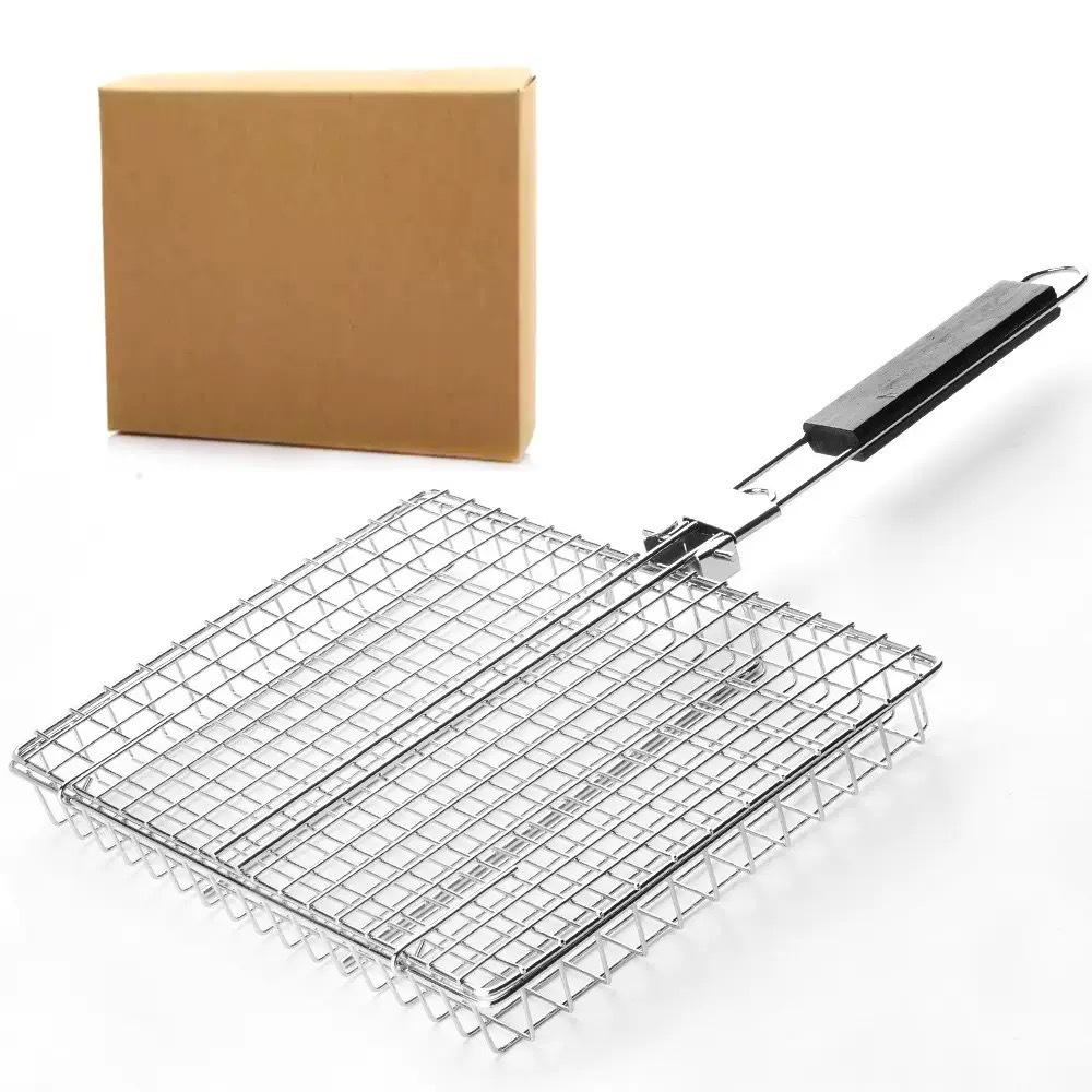BBQ Stainless Steel Folding Handle Barbecue Clip  Multi-functional Barbecue Net Grilled Fish and Vegetable Rack Barbecue Tool