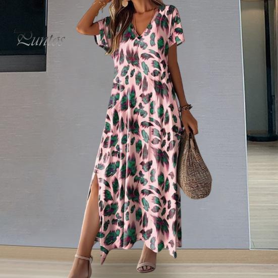 Women Dress V Neck Contrast Color Printed Short Sleeve Split Hem Loose Ankle Length Casual Soft Breathable Vacation Beach Maxi Dress