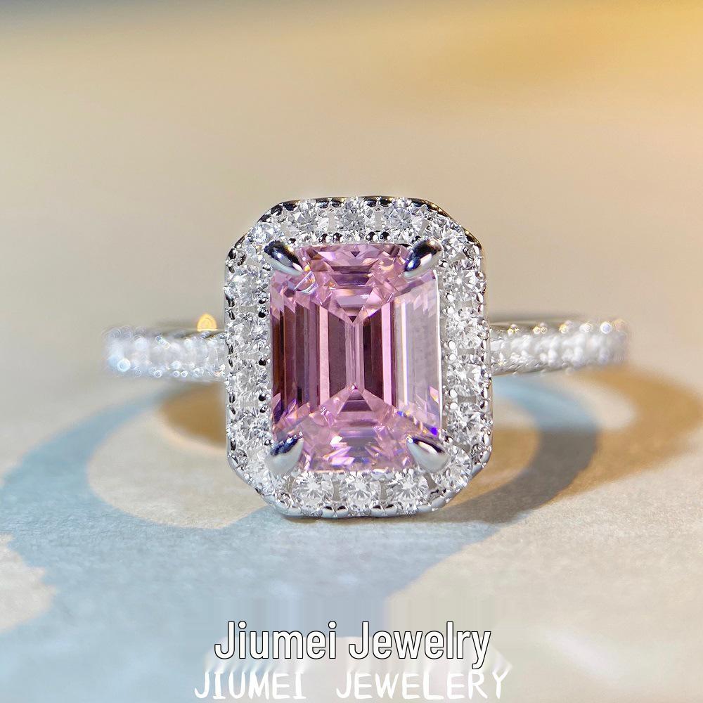 

S925 Sterling Silver 2 Carat Pink Diamond Sugar Cube Square Ring for Women with High-Carbon Zircon Gem. Size 8