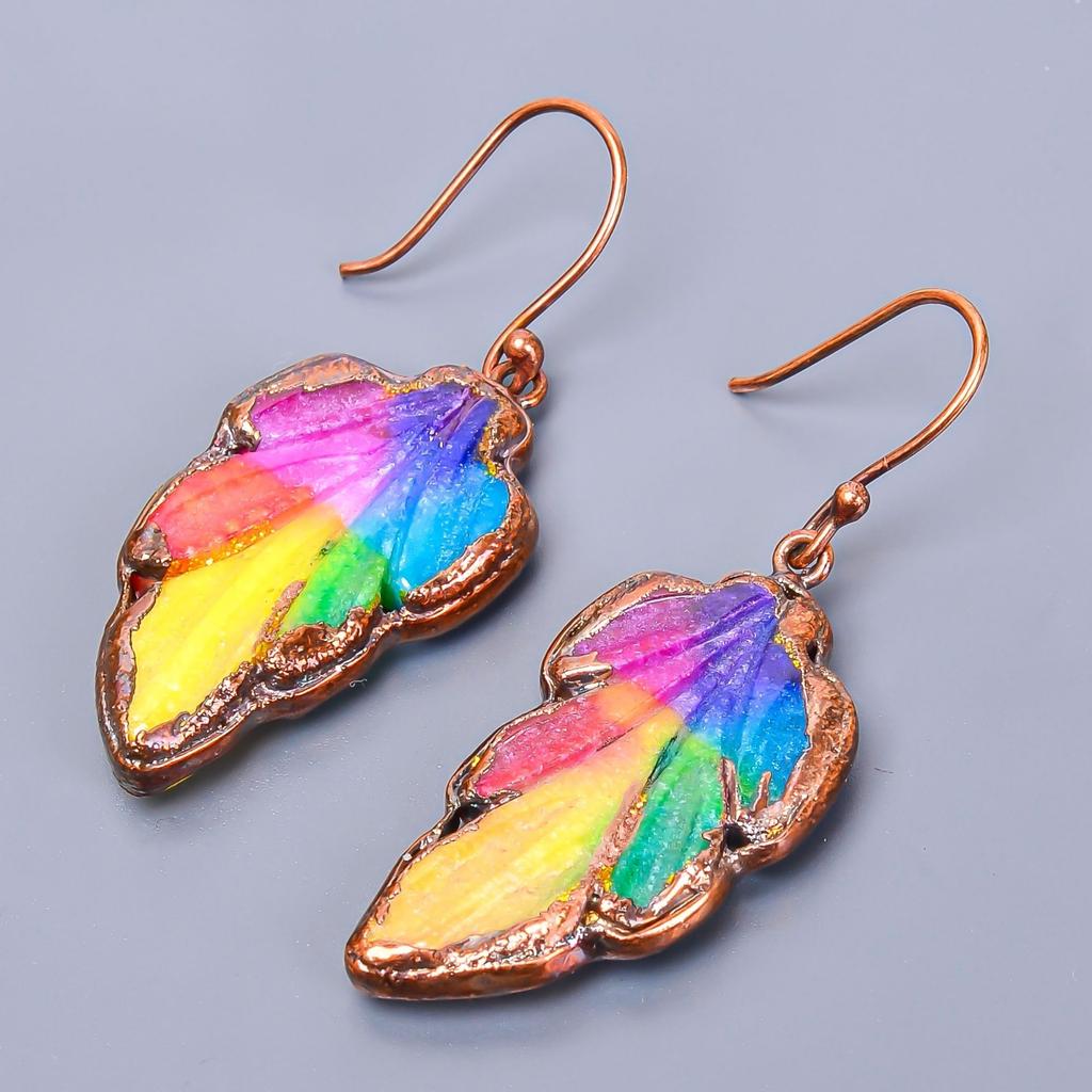 Natural Rainbow Solar Quartz Copper Birthday Dangle Drop Ethnic Earrings Jewelry V-2