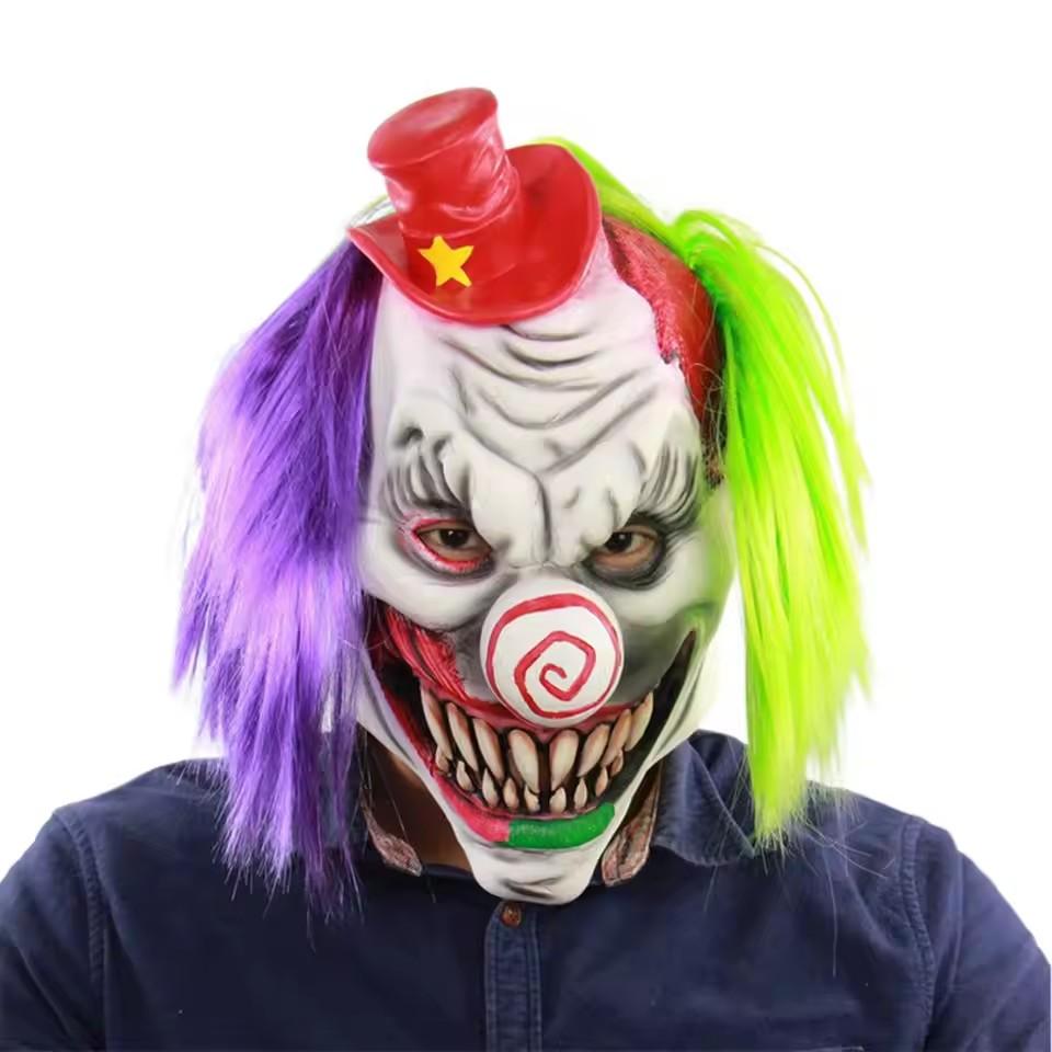 Straszna Maska Klauna z Fioletowymi Zielonymi Włosami Uśmiechnięta Twarz Horroru Maska Kostiumu Strasznego Klauna Halloween Dom Nawiedzony Rekwizyt