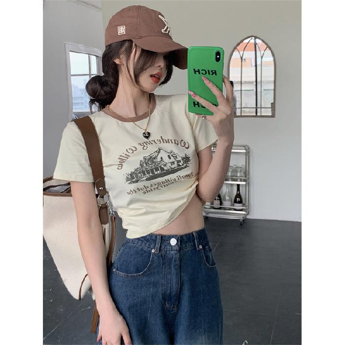 

Футболка с короткими рукавами в стиле ретро для женщин, контрастный цвет, круглый вырез, базовая рубашка, летняя горячая девушка, короткий студенческий топ 2XL