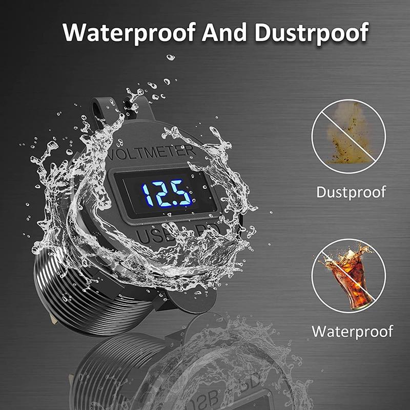 Aluminum Quick Charge Dual QC3.0 USB Car Charger Socket with Digital Voltmeter With Switch Button for Marine Motorcycle Truck