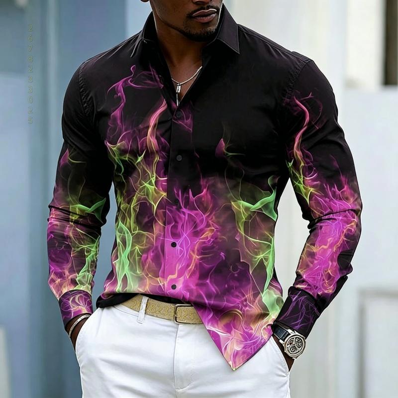 Men's shirt street style colorful flame printed long sleeved shirt with black background gradient color flame slimming shirt