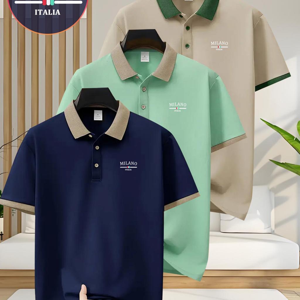 3 Pcs Men'S Polo Shirts Featuring Print Design - Short-Sleeve & Button-Collared Golf Shirt, Perfect for Business Casual Wear