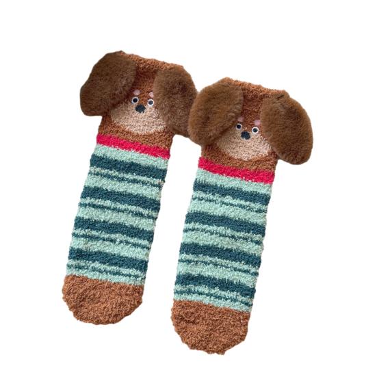 

1 пара носков для пола, 3D мультяшный дизайн таксы, полосатый принт, эластичное отверстие, носки из кораллового флиса, утолщенные, средней длины, для сна C