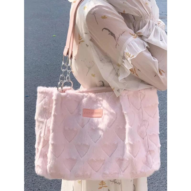 Sweet Love Heart Purse Women's Furry Tote Bags Winter Fashi Ladies Faux Fur Handbags Elegant Female Soft Plush Shoulder Bag