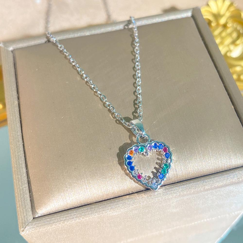 Women Colorful Full Zircon Heart Shaped Titanium Steel Clavicle Necklace