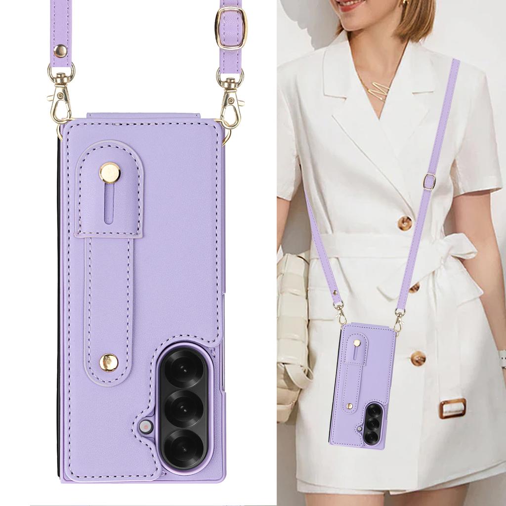 Crossbody pouzdro na telefon pro Samsung Galaxy Z Fold 7 Fold6 5 4 Kožené Kovový patent Zápěstní popruh Držák na karty Peněženka s popruhem