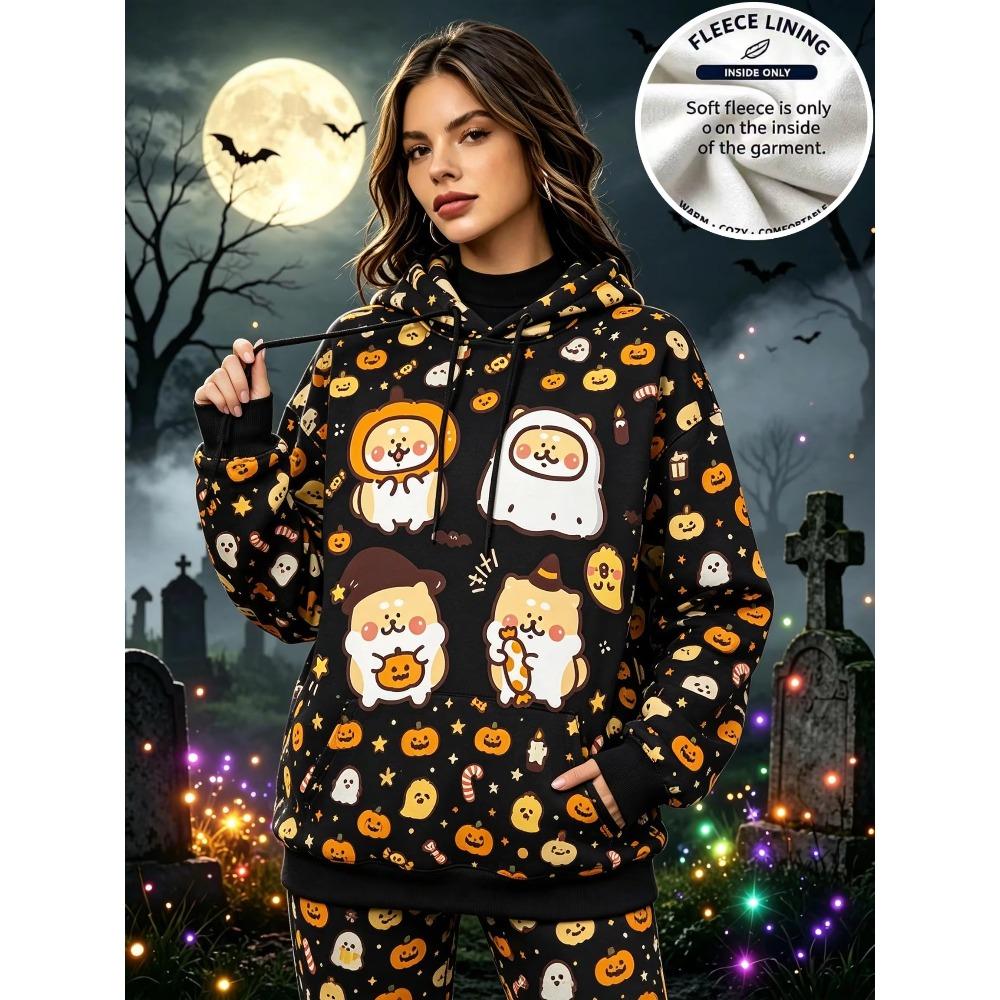 Women Halloween Fleece Hoodie Cute Cartoon Dog Pumpkin Ghost Print Long Sleeve Pullover Hooded Sweatshirt Casual Warm Top